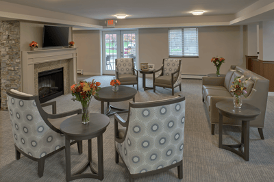 Modern common area with seating and flowers