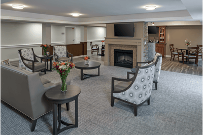 Common area with cozy seating and fireplace