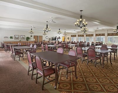 Dining room with empty tables and chairs