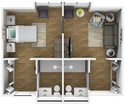 Layout of a private resident room with living and sleeping areas