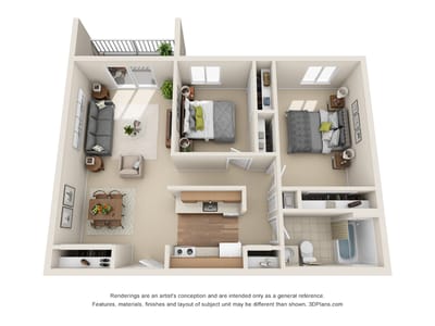 Architectural floor plan of a two-bedroom unit