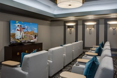Interior view of a cozy movie room with seating
