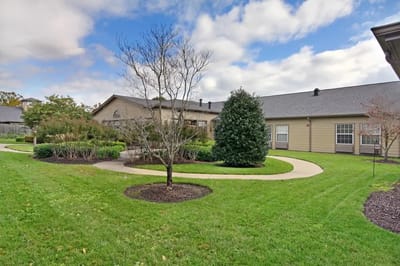 Landscaped outdoor garden area with curving pathway