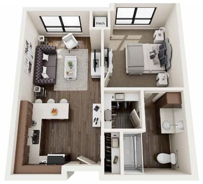 Floor plan of a one-bedroom apartment layout