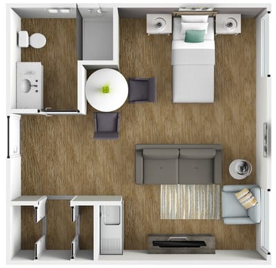 Aerial view of a modern assisted living room layout