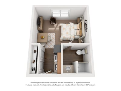 Artist's rendering of a studio unit layout