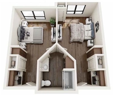 Floor plan layout of a two-bedroom suite