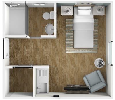 Layout of a private resident room with furniture
