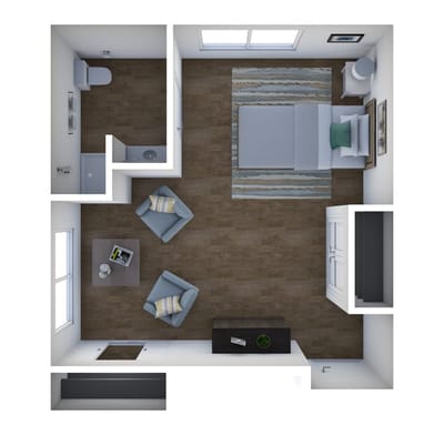 Floor plan of a small resident room with furniture