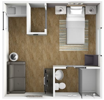 Top view of a private resident room layout