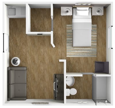 Top-down view of a furnished private resident room