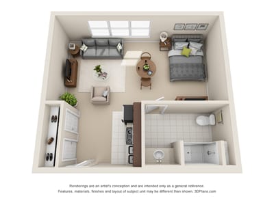 Artist's rendering of a one-bedroom apartment layout