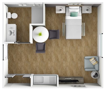 Top view of a private resident room with furniture