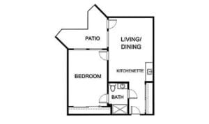 Architectural floor plan of a one-bedroom unit