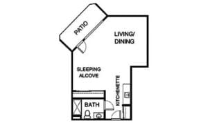 Architectural floor plan of a unit layout with patio