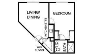 Architectural floor plan of a one-bedroom unit