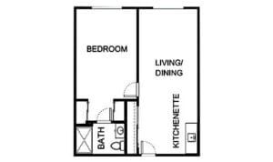 Basic floor plan of a one-bedroom unit