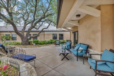 Outdoor seating area with chairs and a tree