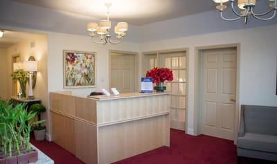Interior view of a reception area with flowers