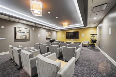 Interior lounge area with seating and lighting