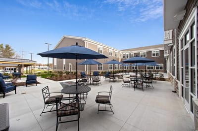 Outdoor patio seating area with umbrellas