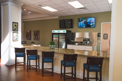 Interior view of a common area with a bar