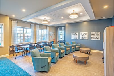 Bright and inviting common area with seating
