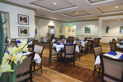 Bright and inviting dining room with tables set for meal service