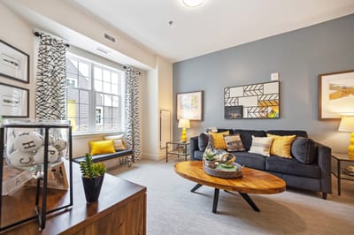 Bright and inviting interior common area with furniture