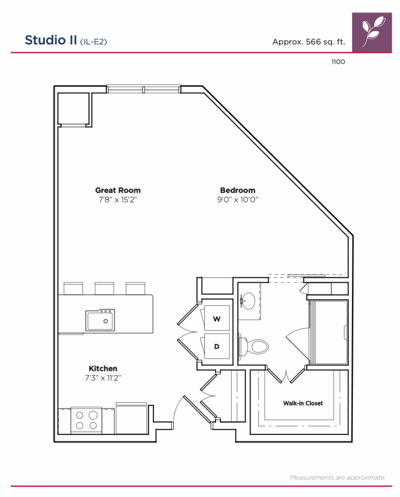 Architectural floor plan for a studio apartment