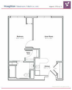 Architectural floor plan of a one-bedroom unit