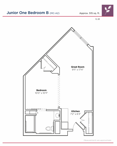 Architectural floor plan of a junior one-bedroom unit
