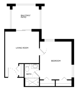 Architectural floor plan of a one-bedroom unit