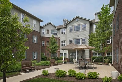 Outdoor patio area with seating at the facility