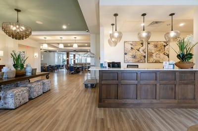Bright interior lobby with seating and decor