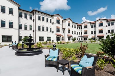 Outdoor seating area with views of the facility