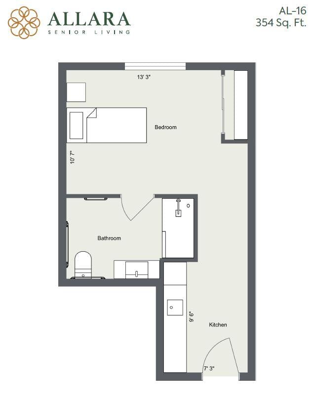 Architectural floor plan of a one-bedroom apartment