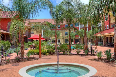 Outdoor courtyard with palm trees and seating areas