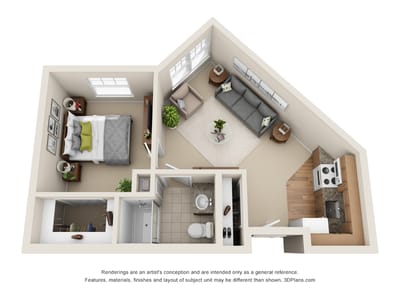 Aerial view of a small, furnished studio apartment