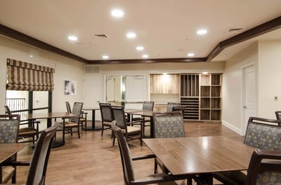 Bright interior of the common area with tables and chairs