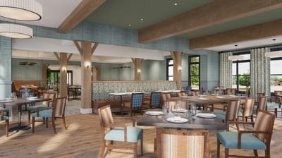 Bright and modern dining room with wooden tables