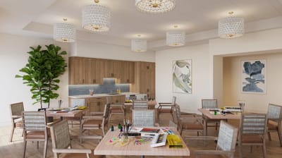 Bright activity room with art supplies and tables