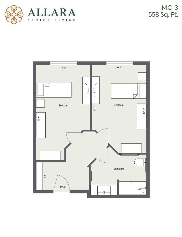 Architectural floor plan of a two-bedroom unit