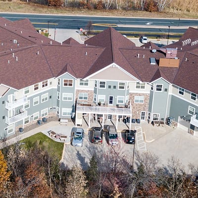Aerial view of Arbor Oaks building and parking area