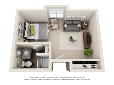 Floor plan of a one-bedroom unit