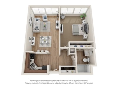 Architectural floor plan of a one-bedroom unit