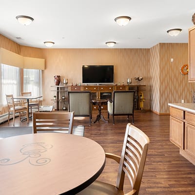 Bright common area with seating and decorations
