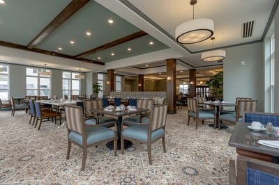 Interior view of a dining room in a senior living facility