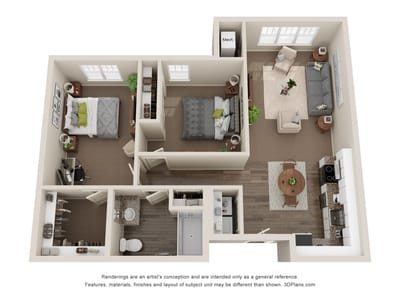 Architectural floor plan of a two-bedroom unit