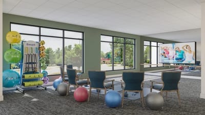 Interior view of a fitness activity area with exercise balls